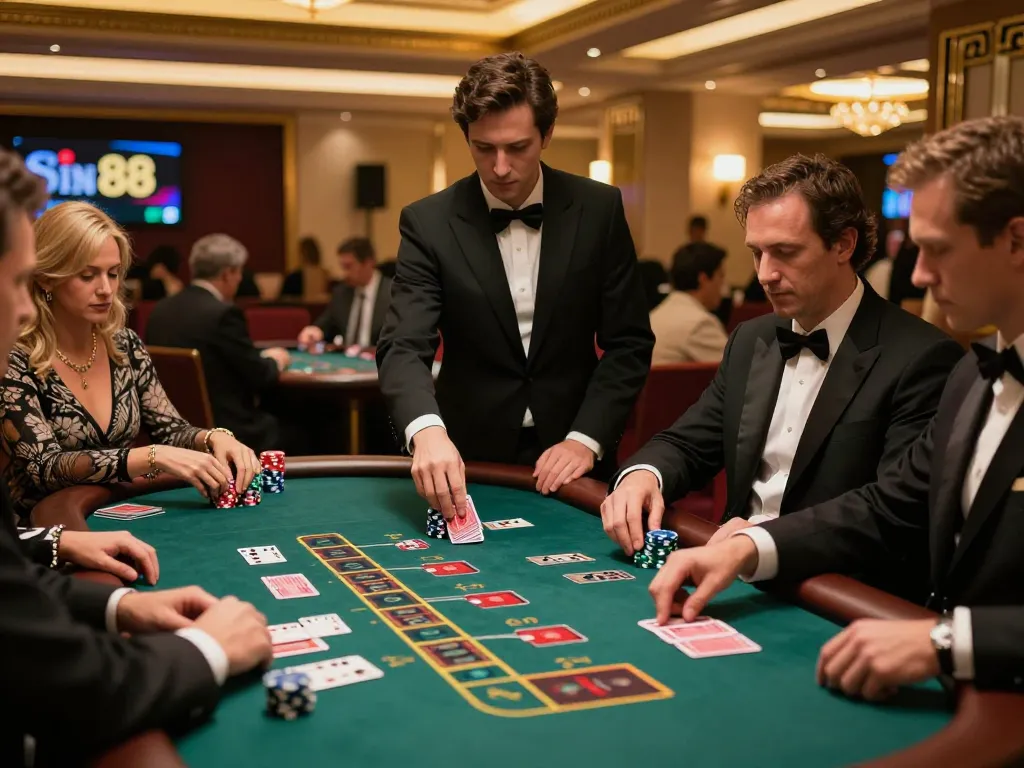 Sin88 players engaging at a blackjack table in a vibrant casino, showcasing excitement.