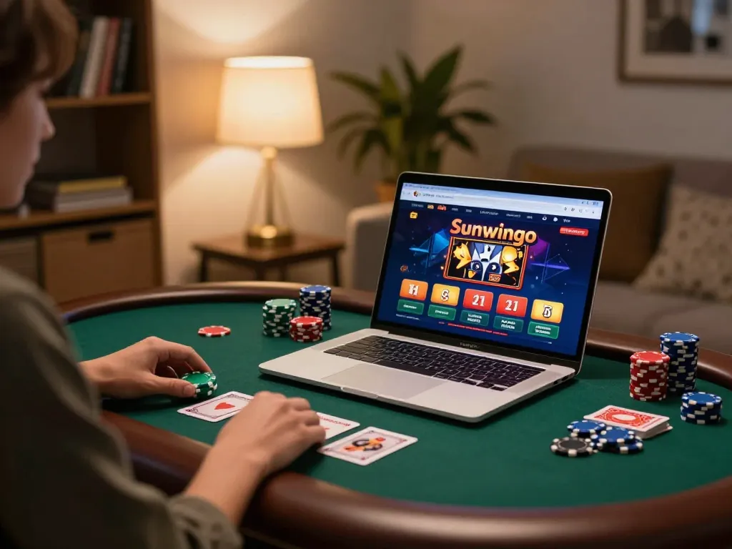 Engaging at home with Sunwingo casino on laptop, creating a responsible gaming environment.
