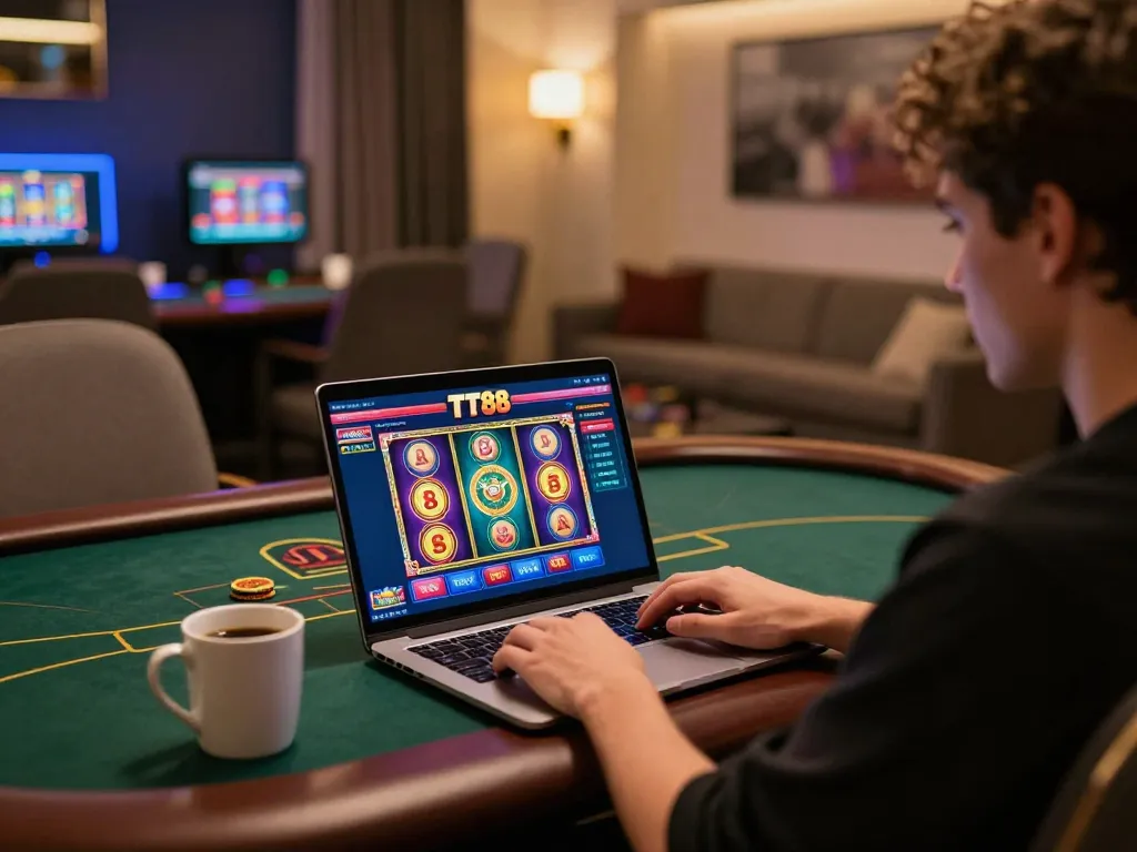 Engaging in online gaming at TT88, showcasing vibrant slot graphics and poker tables.