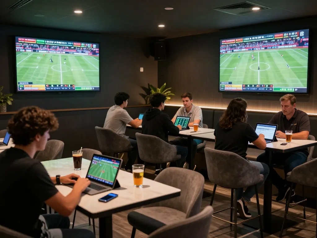 Five88 bettors analyzing odds in a stylish sports betting lounge filled with excitement