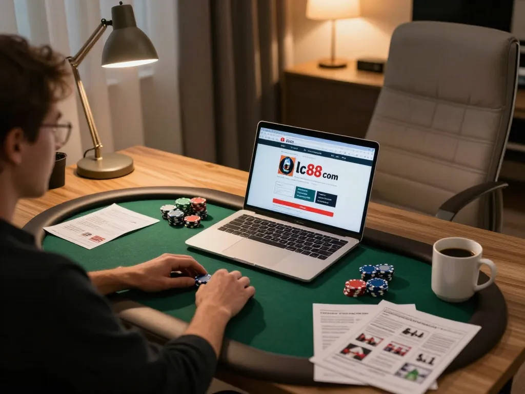 Engaged player enjoying online gaming on lc88 com with chips and strategy notes nearby