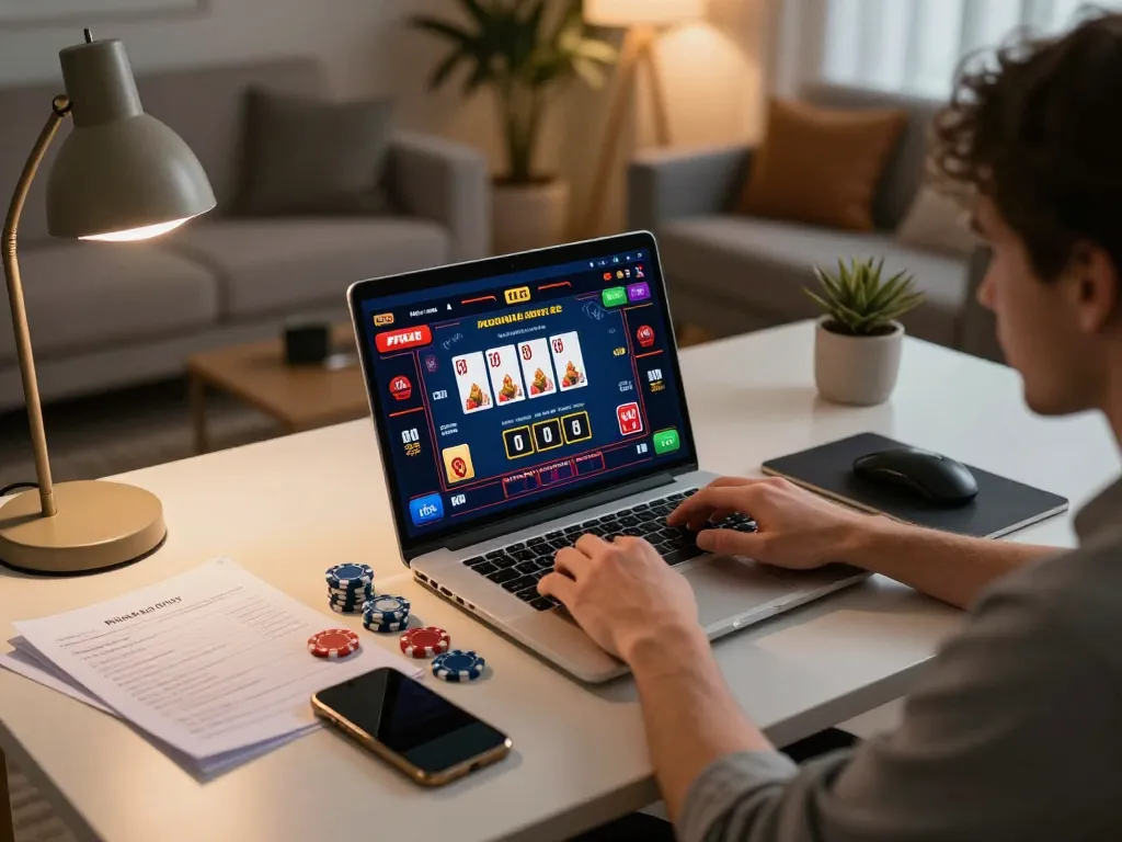 Engaged player enjoying F168 online casino with laptop, cards visible on screen.