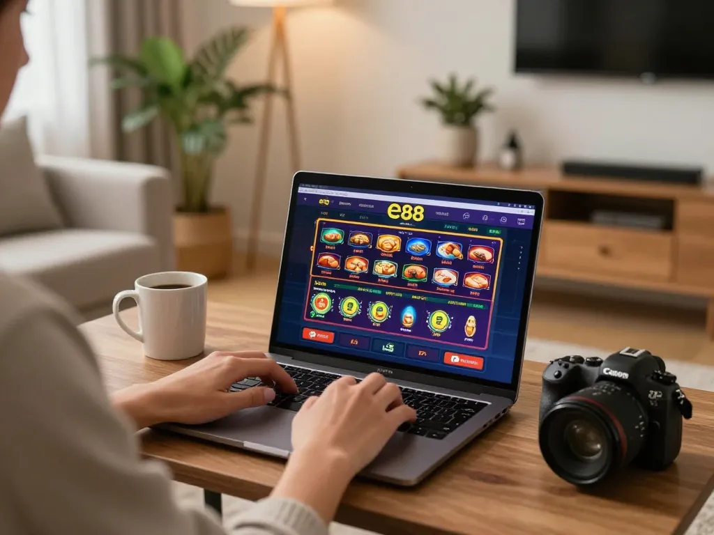 Player engaging in online gaming on ee88 with laptop showing vibrant casino interface
