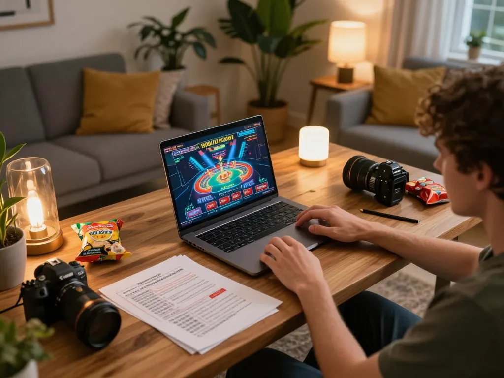 Engaged player enjoying online gaming on lc88 com in a cozy home setting filled with strategic gaming notes.