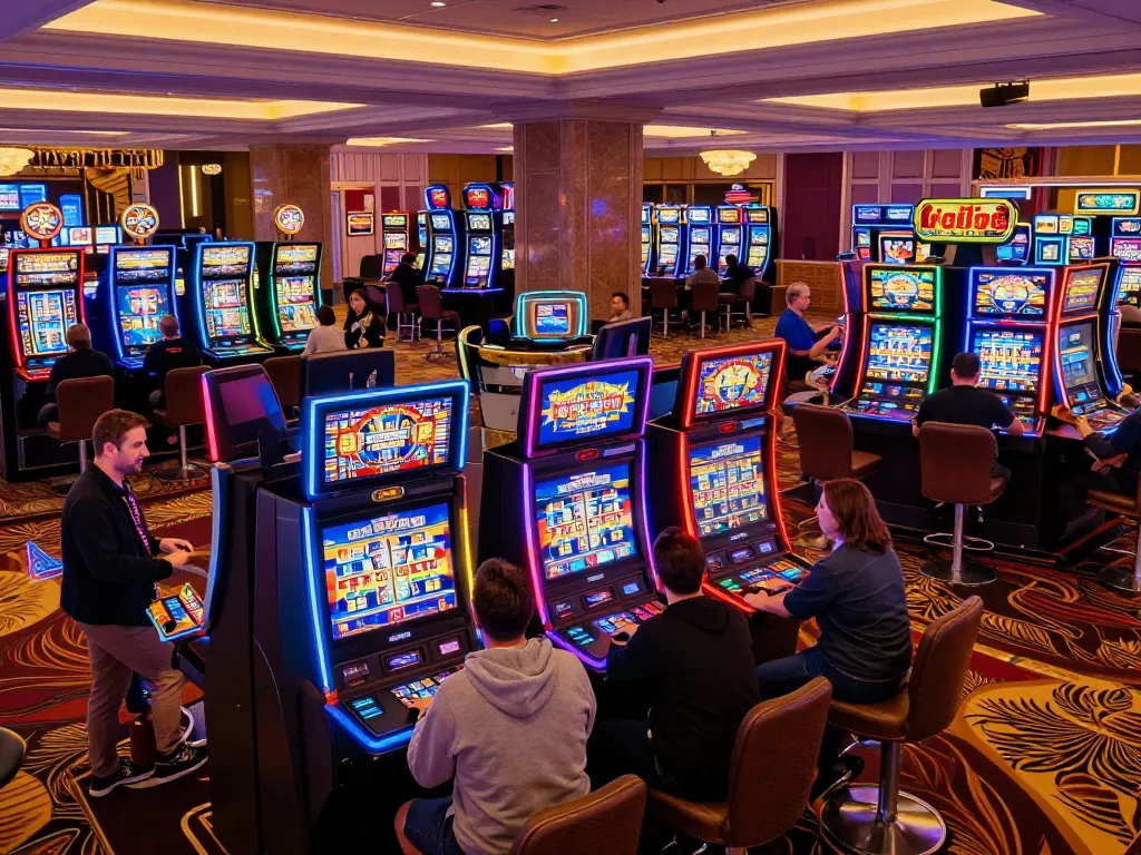 Players enjoying vibrant slot machines at Sunwin casino, showcasing engaging gaming experience