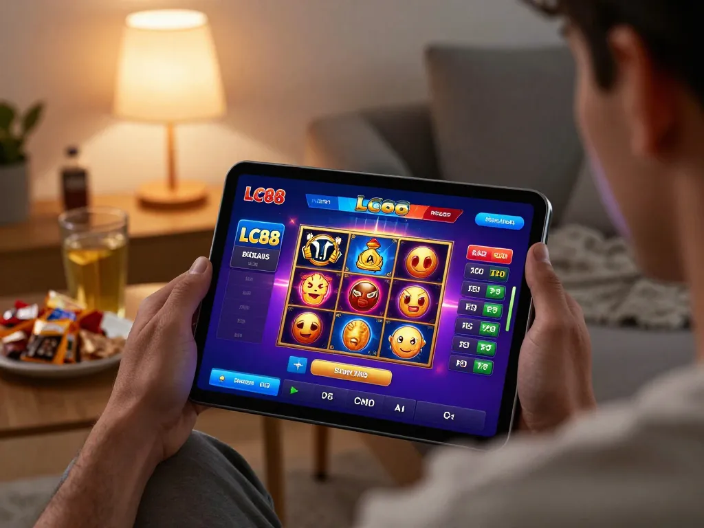 Engaging in LC88 online slots gameplay on a tablet, showcasing a cozy home environment.