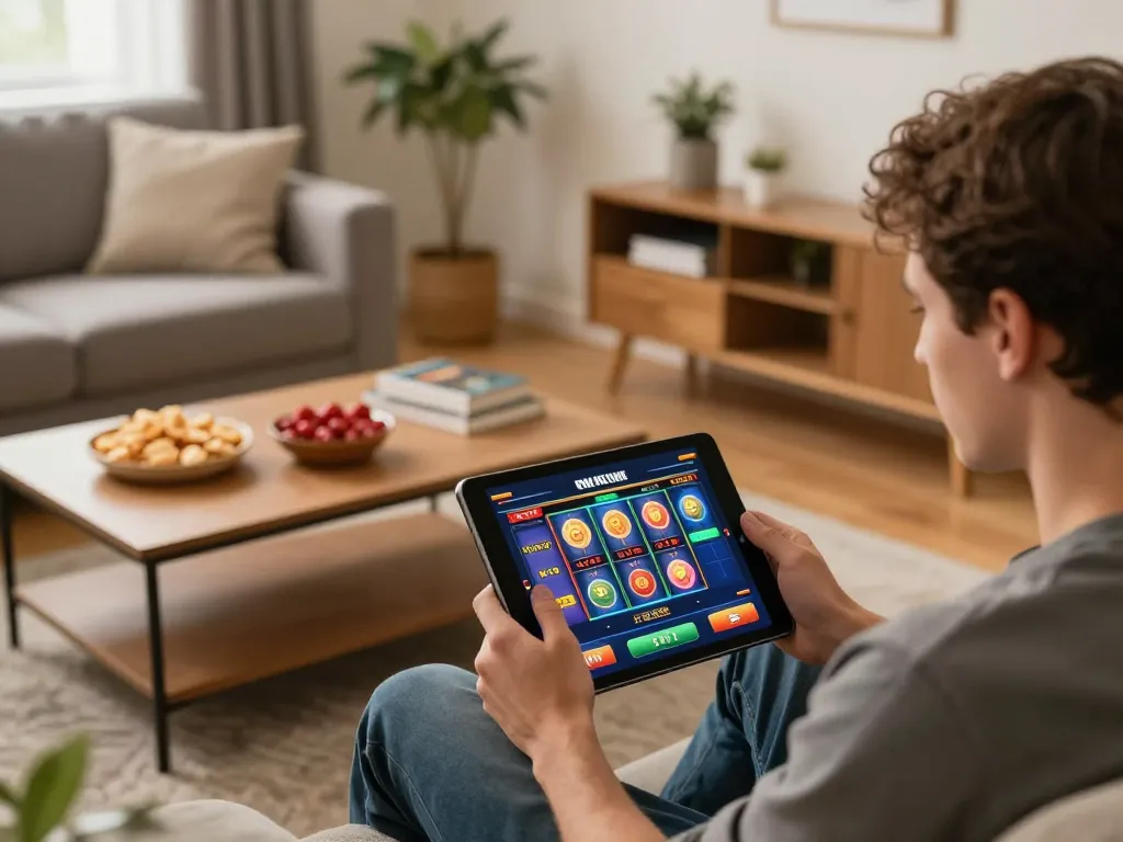 Player enjoying HELLO88 online casino on tablet in a cozy living room setting.