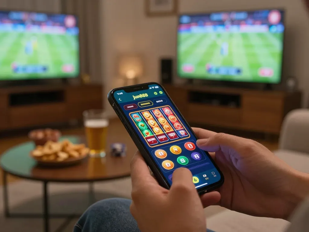 Hands engaging with the jun888 app for an immersive mobile gaming experience during a lively home night.