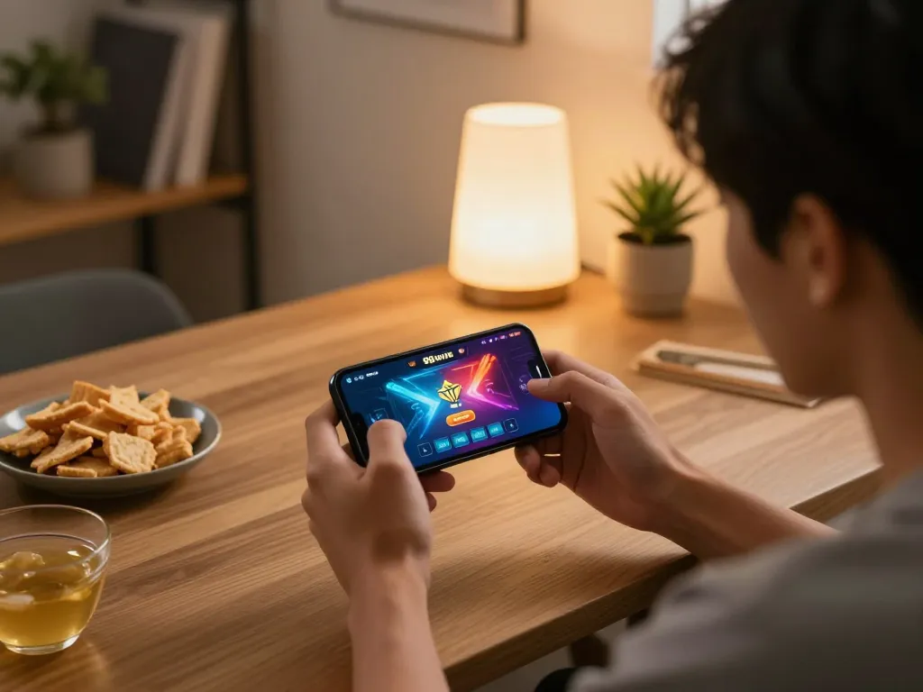 Engaged player using app 98win on smartphone at home for online gambling enjoyment.