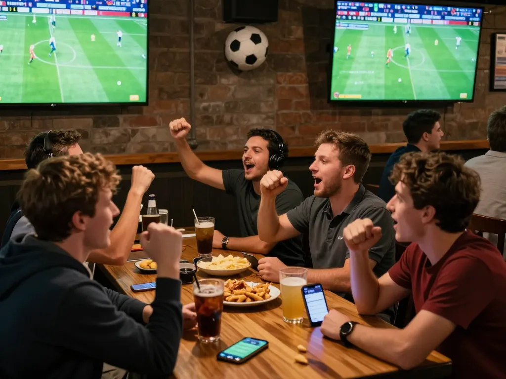 Socolive trực tiếp bóng đá shown on multiple screens in a buzzing sports bar with fans cheering around