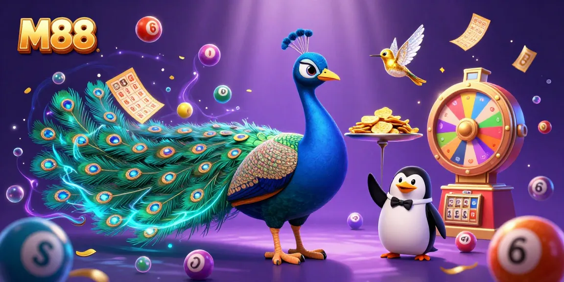 M88 casino illustration features animated characters and vibrant gambling elements in a rich casino atmosphere.