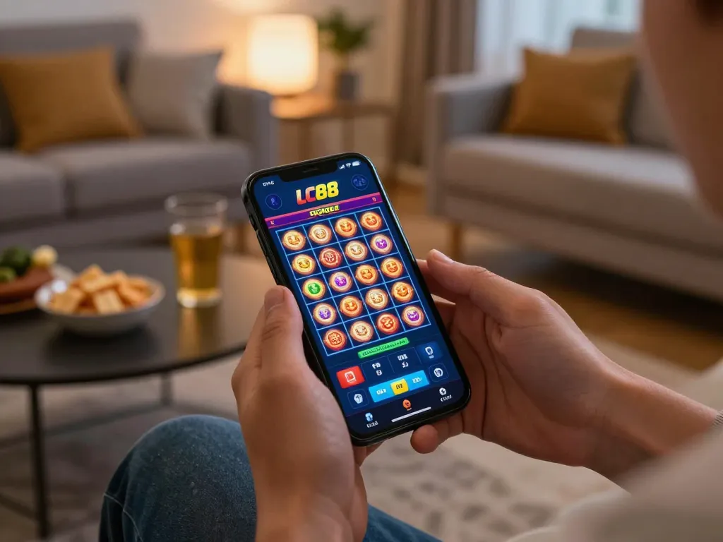 Engaged player enjoying the LC88 casino app on smartphone, showcasing exciting gameplay and responsible gambling.