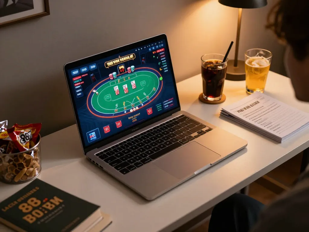 Engaging online poker game at 88vin casino, showcasing modern gaming setup with snacks and drinks.