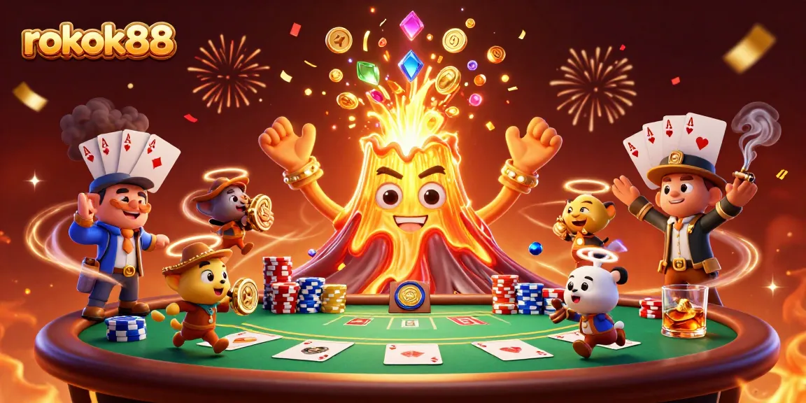 Experience the thrill of rokok88 with a dynamic casino scene featuring a golden volcano and poker elements.