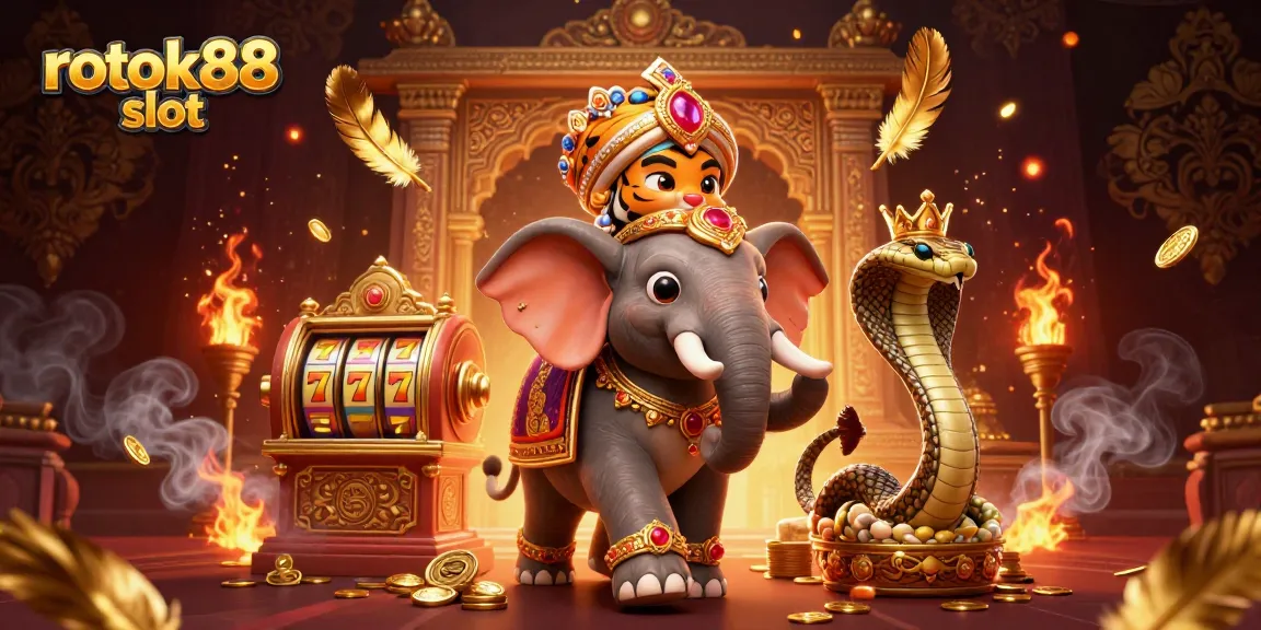 Engage with rokok88 slot while surrounded by vibrant riches and gaming excitement in illustrated 3D art.