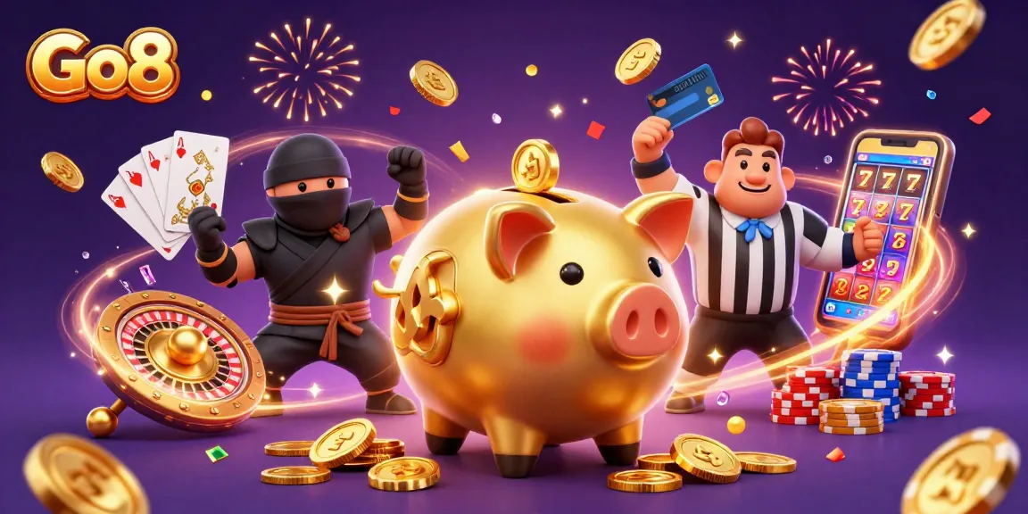 Go8 casino illustration featuring golden coins and sparkling gems during an epic gaming battle.
